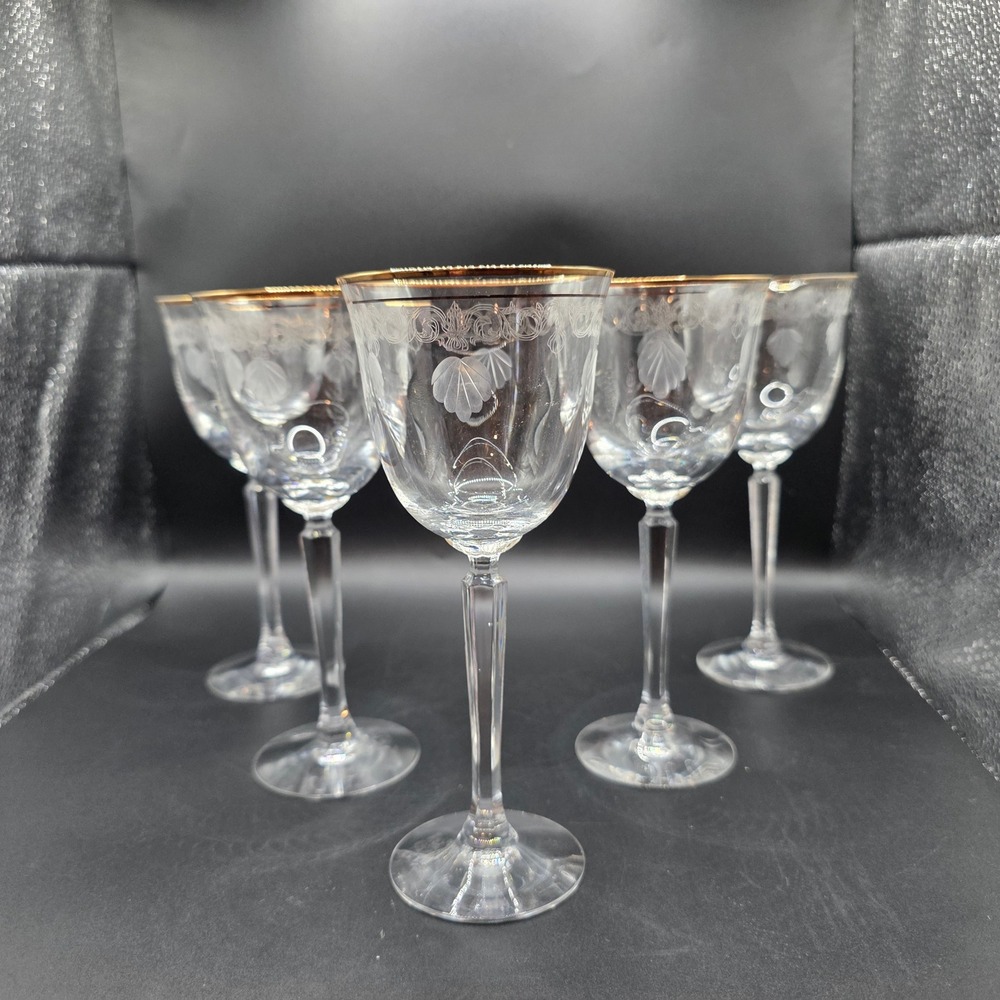 Lenox Classic‎ Shell Crystal Wine Goblets Gold Rim Etched Set of 5 Glasses Vtg